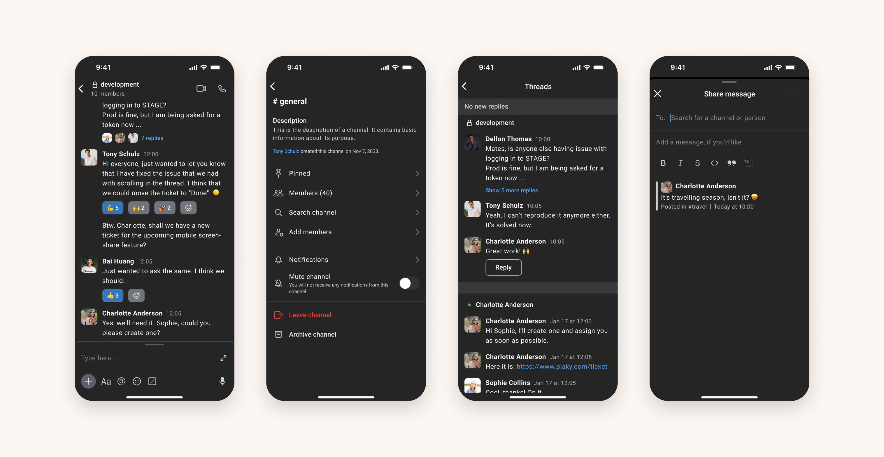 A channel conversation for dark mode