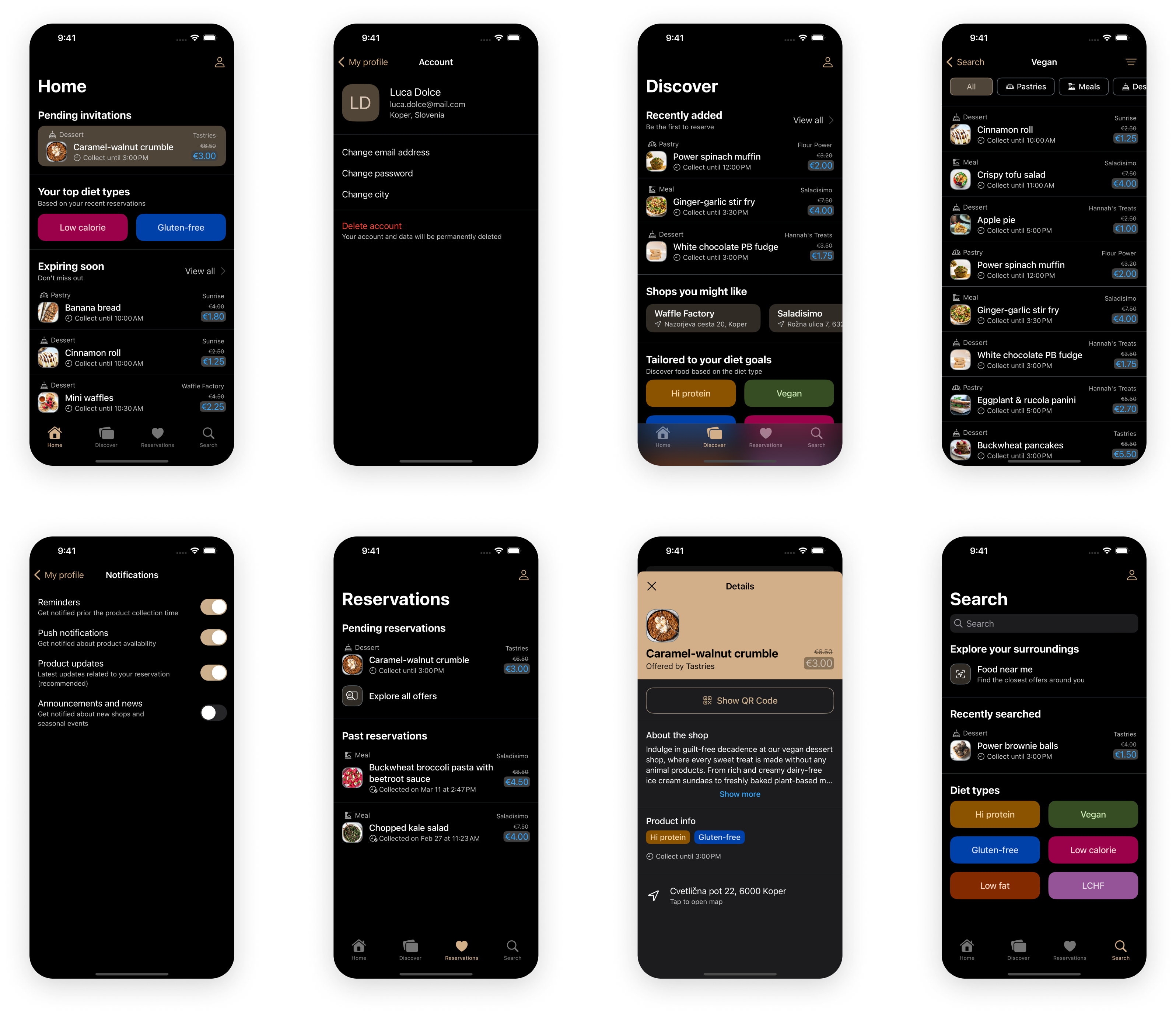 Screens of an app in dark mode