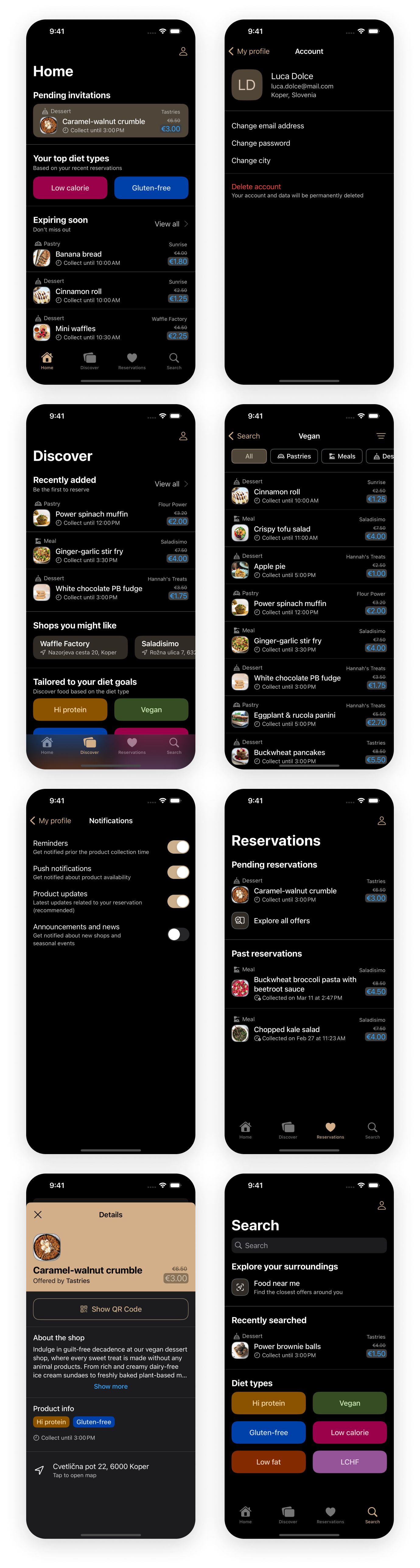 Screens of an app in dark mode